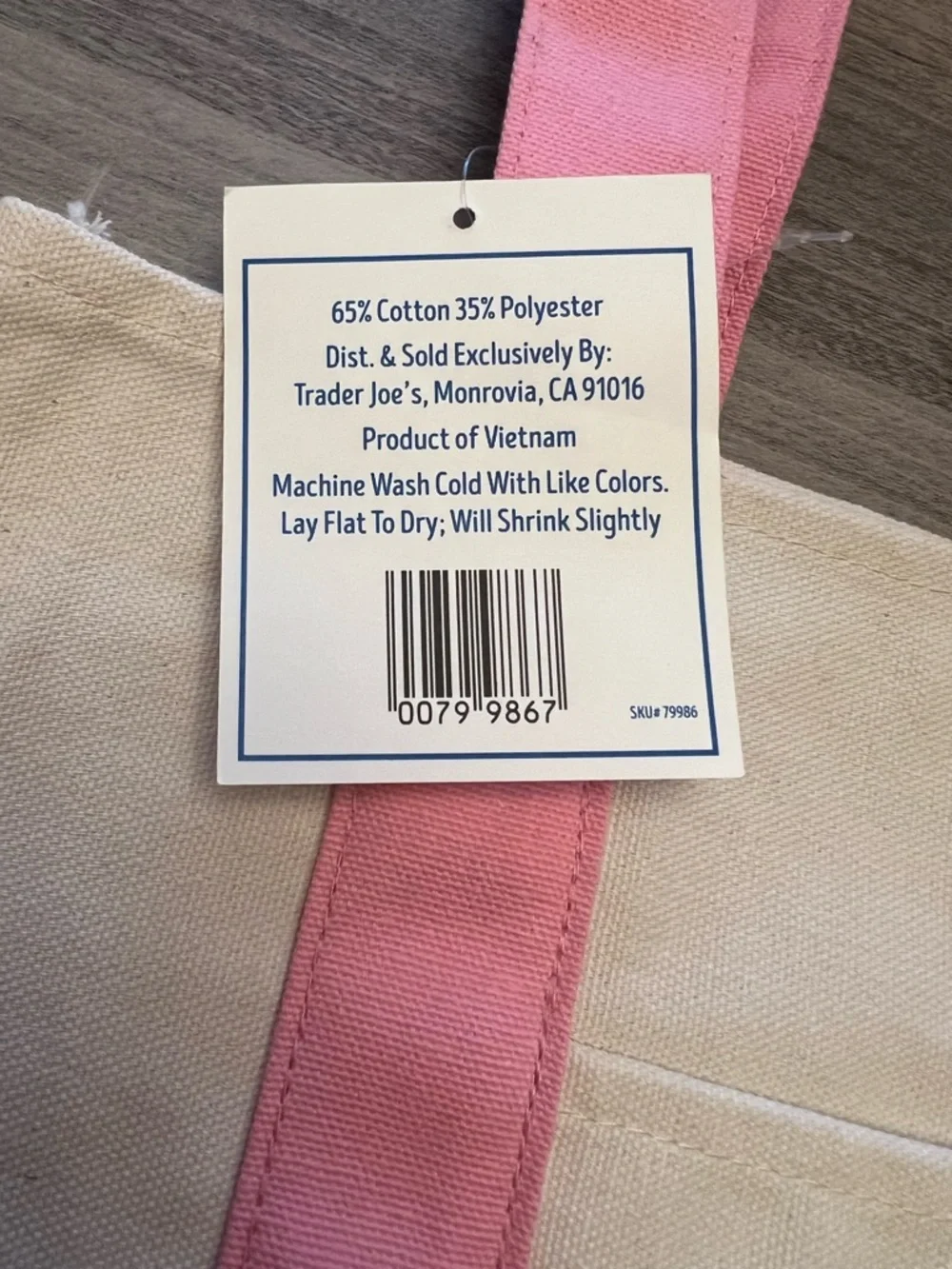 Trader Joe's Mini Pastel Pink & Cream Canvas Tote Bag With Purple Logo - Picture 4 of 7